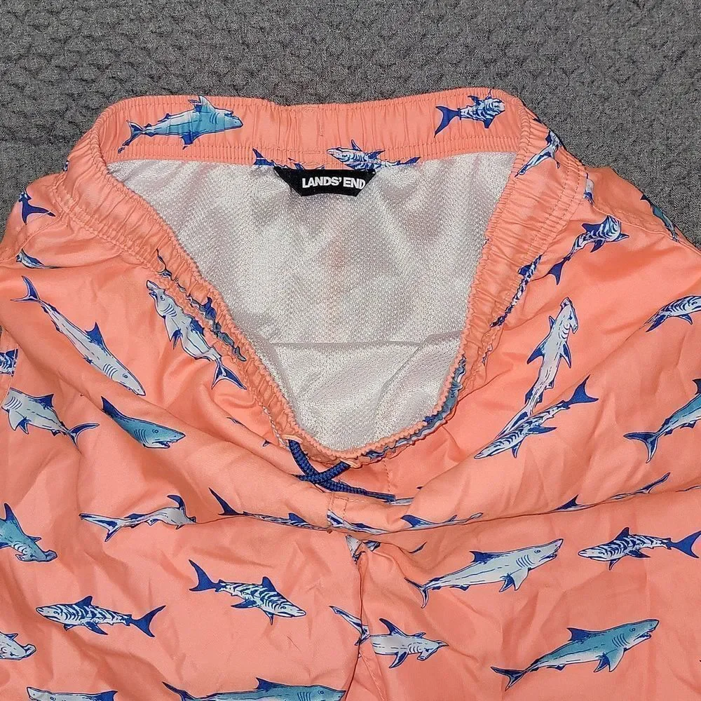 Lands End Boys Shark Printed Volley Swim Trunks Shorts Size L (14H-16H)